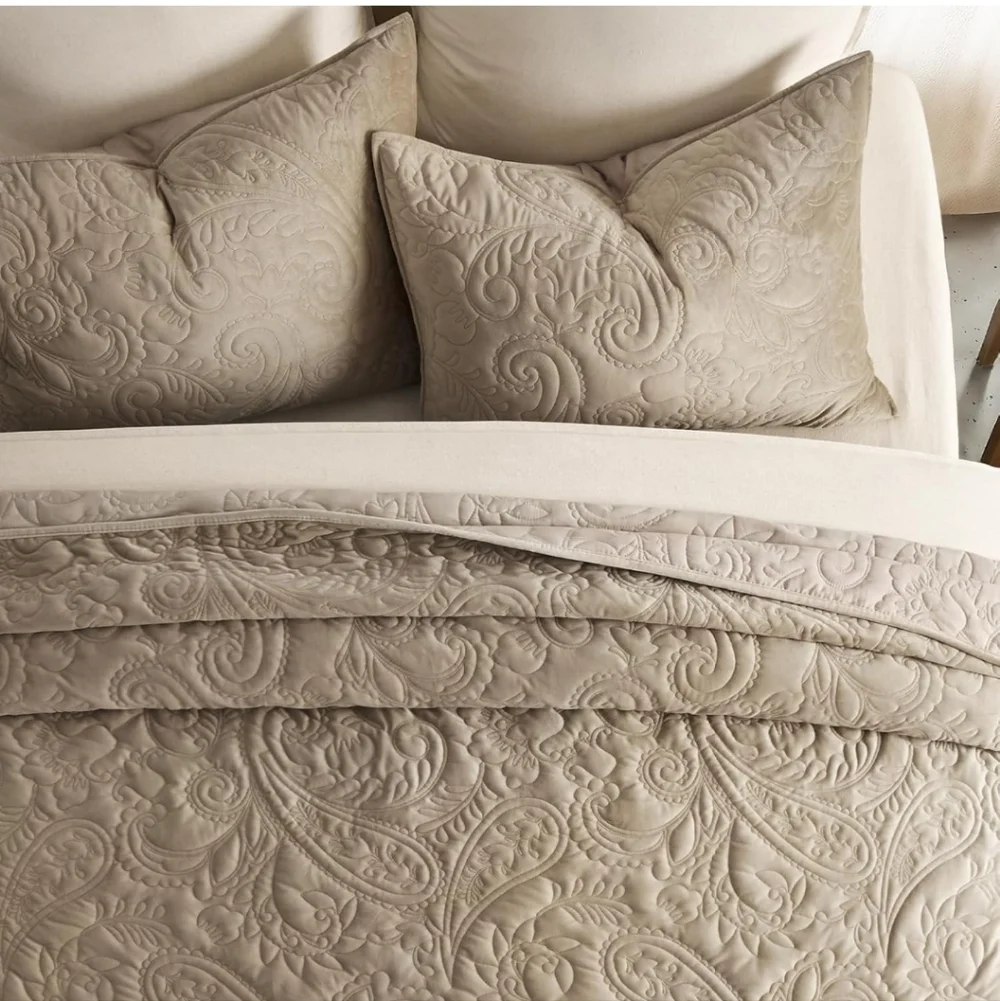 EVERGRACE Luxury Pearl Velvet Quilt Set Queen  3 Pieces, Soft Paisley-Stitch Vel